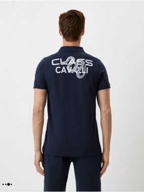 Mens Cavalli Class Navy Polo with White Snake size M